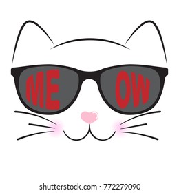 Cute cat silhouette. Black head of Cat with  lettering word Meow. 