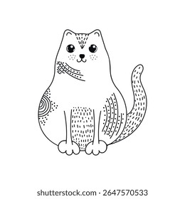 Cute cat silhouette. Hand-drawn doodle. Ethnic motives