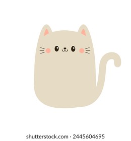 Lindo icono de silueta de gato. Cara de gatito divertida, cara, cola. Lindo personaje de dibujos animados kawaii bebé. Orejas rosas, mejillas. Animal doméstico. Tarjeta de amor de San Valentín. Estampado de pegatinas. Diseño plano. Vector de fondo blanco