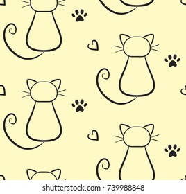 Cute Cat Silhouette Seamless Pattern. Hand drawn animal texture.