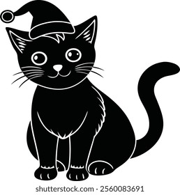 cute cat silhouette vector with santa had with white background  