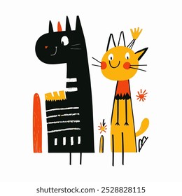 Gato lindo con un estilo doodle simple. Una Ilustración vectorial plana con rayas de colores sobre un fondo blanco