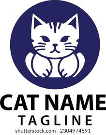Un lindo gato diseño de logo simple con fondo blanco y azul redondeado.