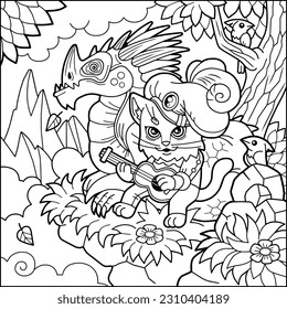 cute cat singer and dragon coloring book