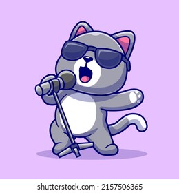 Cute Cat Singing Cartoon Vector Icon Illustration. Animal Music Icon Concept Isolated Premium Vector. Flat Cartoon Style