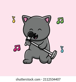Cute Cat Singing With Microphone Cartoon Vector Icon Illustration. Animal Entertainment Icon Concept Isolated Premium Vector. Flat Cartoon Style