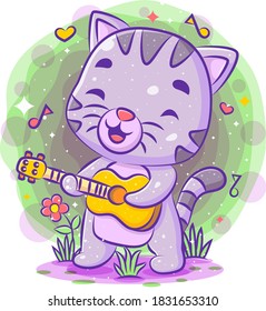 Cute cat singing and playing guitar of illustration
