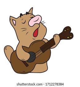 Cute cat sings and plays the guitar.Vector children's design on a white isolated background.
