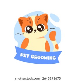 Cute Cat sit Cartoon Vector Illustration. with written pet grooming, Isolated Premium Vector