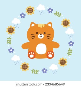 Cute cat sit in circle icon tiny frame cartoon hand drawn.Floral frame.Logo.Pastel color.Flower,leaf,sunflower,cloud.Meow lover.Kawaii.Vector.Illustration.