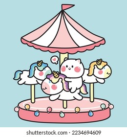 Cute cat sit on unicorn carousel in theme park.Pet cartoon character design.Animal hand drawn.Play and fun time.Meow lover.Kawaii.Vector.Illustration.