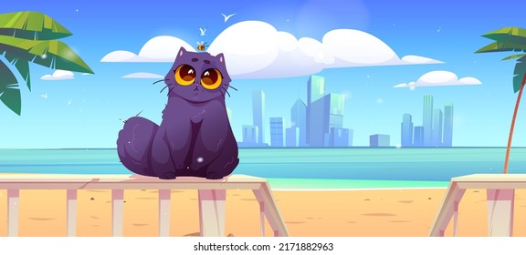 Cute cat sit on wooden terrace fence on sea beach. Vector cartoon illustration of summer tropical landscape with palm trees and black funny furry kitten on railing veranda, city skyline on background