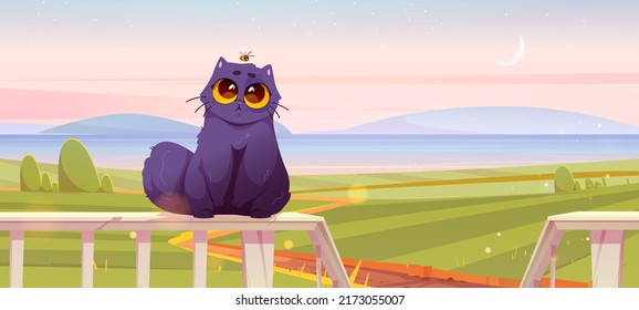 Cute cat sit on wooden terrace fence on rural landscape. Vector cartoon illustration of summer agricultural fields, country road and black funny furry kitten on railing veranda, evening background