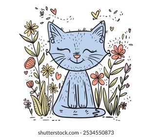 Gato bonito senta-se pacificamente entre as flores, um sorriso calmo e cercado por corações e natureza. Desenho de mão de vetor, linhas simples.