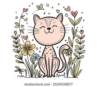 Cute cat sit peacefully among flowers, a calm smile and surrounded by hearts and nature. Vector hand drawing design, simple lines.