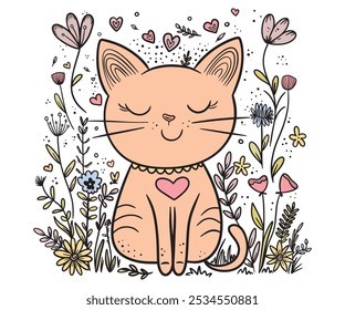 Gato bonito senta-se pacificamente entre as flores, um sorriso calmo e cercado por corações e natureza. Desenho de mão de vetor, linhas simples.