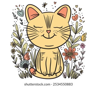 Cute cat sit peacefully among flowers, a calm smile and surrounded by hearts and nature. Vector hand drawing design, simple lines.