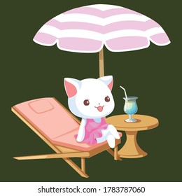 Cute cat sit and relax on the beach bed cartoon