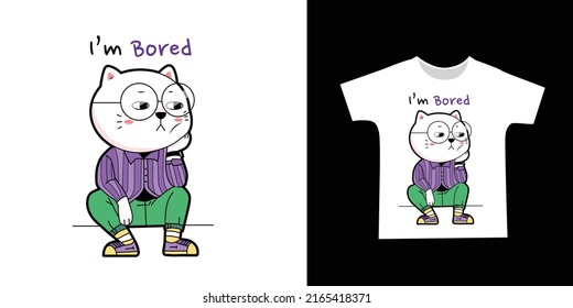 cute cat siting and boring cartoon for t-shirt design.
