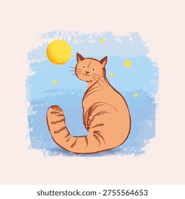 Cute cat siting, gazing at moon vector illustration. Stars twinkle softly against textured blue night sky. Adorable cat isolated on background.