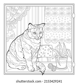 Cute cat sits alone at home and looks out the window. Coloring book for children and adults. Image in zen-tangle style. Printable page for drawing and meditation. Black and white vector illustration.