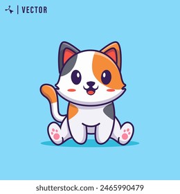 Cute cat sits with blue isolate background, vector illustration