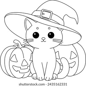 El lindo gato se sienta delante de dos calabazas de Halloween para colorear página.