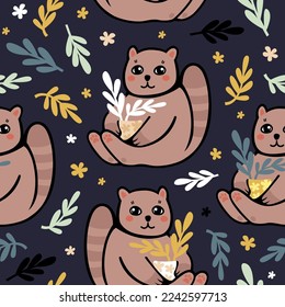 A cute cat sits and holds a pot with a plant in its paws. Gardener cat. Vector baby illustration. Seamless pattern for fabric, wallpaper, and wrapping paper.