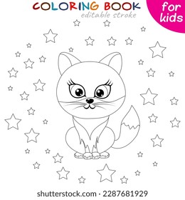 Cute cat sits on a background of stars. Coloring book page template for children. 