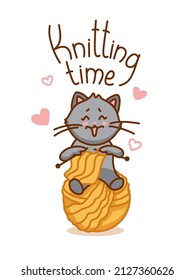 Cute cat sits on a ball of yarn and knits a scarf. Knitting logo. Vector.