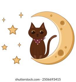 A cute cat sits on the moon under a starry sky