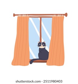 Cute cat sits on window with curtains in room. Fluffy kitten relax on sill, looks back. Adorable pet is indoor, watching outside through glass. Flat isolated vector illustration on white background