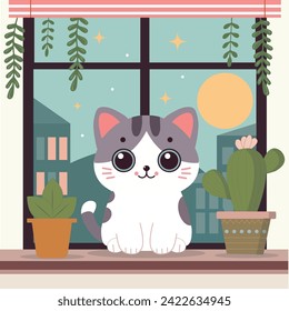 Cute Katze sitzt auf dem Fensterbrett zwischen Blumentöpfen, außerhalb des Fensters ist der Abend, der Mond, die Sterne, Häuser. Vektorgrafik