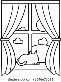 A cute cat sits on a windowsill, looking out a window with curtains drawn back to reveal clouds and a sun. Isolated on white background.