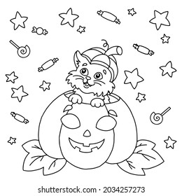 Cute cat sits in a pumpkin. Halloween theme. Coloring book page for kids. Cartoon style. Vector illustration isolated on white background.