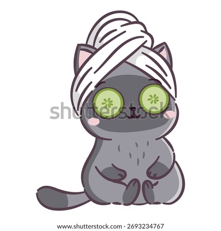 A cute cat sits with a towel on its head and cucumber slices on its eyes, spa and relaxation. A cute flat vector illustration on a white background.