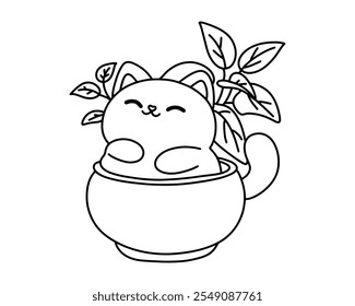 A cute cat sits in a vase. Vector.