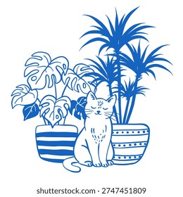 Cute Cat Sitting Between Potted Houseplants. Minimal Line Illustration. Hand Drawn Vector Illustrations