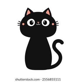 Cute cat sitting. Black kitten. Funny face head. Kawaii pet animal. Pink ears. Cartoon funny baby character. Childish style. Happy Halloween. Flat design. White background. Vector illustration