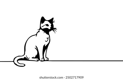 Cute Cat Sitting Black Sketch on White background. Hand Drawn Vector Outline Illustration of Cat Silhouette. Animal Contour Art.