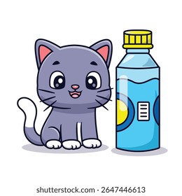 Cute Cat Sitting Bottle Cartoon Vector Icon Illustration. Animal Drink Icon Concept Isolated Premium Vector. Flat Cartoon Style
