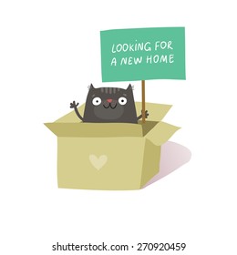 Cute cat sitting in cardboard box and holding a placard "Looking for a new home". Animal rights protection concept. Vector colorful illustration isolated on white 
