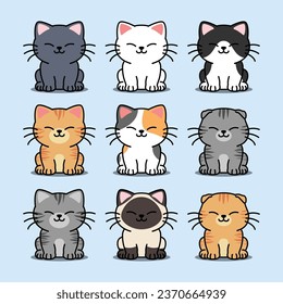 Cute cat sitting cartoon collection, vector illustration