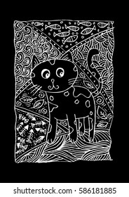 Cute cat sitting. Cartoon style.