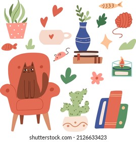 Cute cat in sitting in chair. Scandinavian vector illustration for book store, library. Cozy home interior vector flat illustration. Hygge, plants, cozy sticker set. cozy room with pet