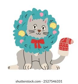 Cute cat sitting in Christmas wreath with stocking on tail flat vector illustration isolated on white.