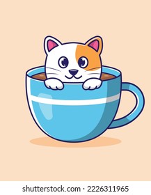 Cute cat sitting in cup vector illustration