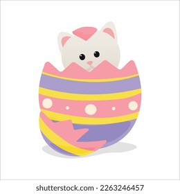 Cute cat sitting in Easter egg on white background