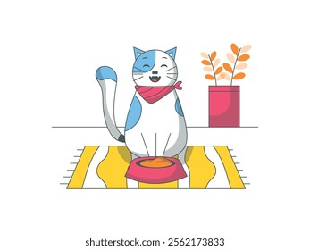 Cute cat sitting to eat with home interior. Favorite pet. Character design. Vector flat illustration