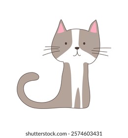 Cute cat sitting in flat design. Happy simple domestic animal, feline pet. Vector illustration isolated.